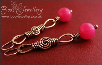 Long loop and rosebud knot earrings with raspberry jade - RESERVED
