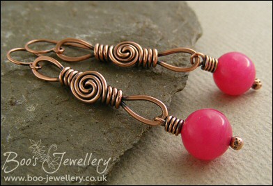 Long loop and rosebud knot earrings with raspberry jade - RESERVED