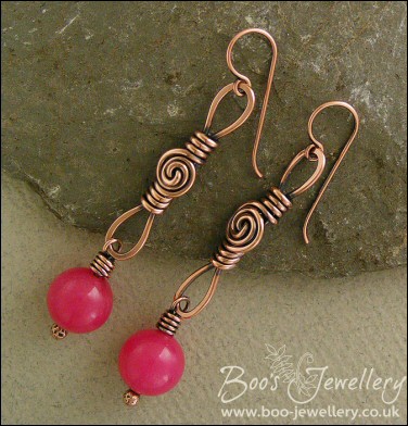 Long loop and rosebud knot earrings with raspberry jade - RESERVED