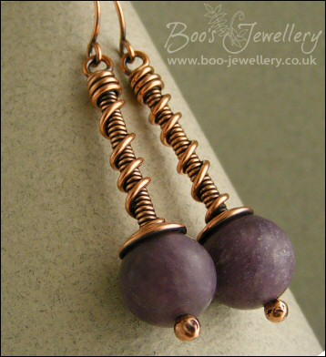 Plum jade and copper coil on coil earrings - made to order