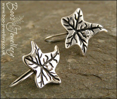 Solid silver one piece ivy leaf drop earrings with cubic zirconium
