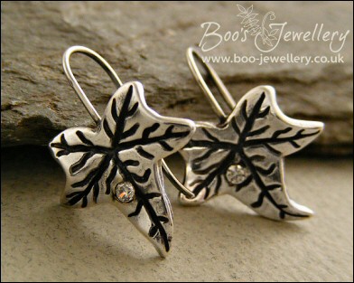 Solid silver one piece ivy leaf drop earrings with cubic zirconium