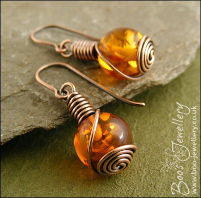 Faux amber and antiqued copper rosebud knot earrings