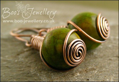 Copper and Mashan Jade rosebud wrapped earrings