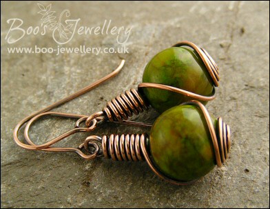 Copper and Mashan Jade rosebud wrapped earrings