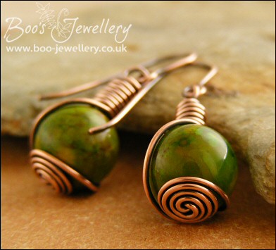 Copper and Mashan Jade rosebud wrapped earrings