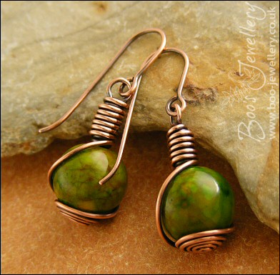 Copper and Mashan Jade rosebud wrapped earrings