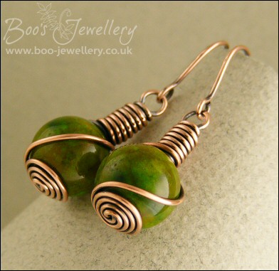 Copper and Mashan Jade rosebud wrapped earrings
