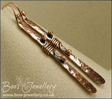 Hammered copper paddle earrings wrapped with ball ended wire - made to order