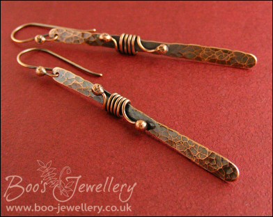 Hammered copper paddle earrings wrapped with ball ended wire - made to order