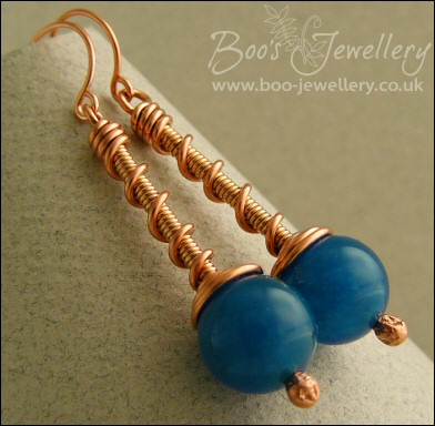 Copper and bronze coil on coil earrings with Malay Jade