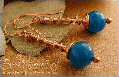 Copper and bronze coil on coil earrings with Malay Jade
