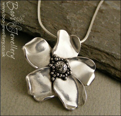Pure solid silver hand sculpted wild rose pendant