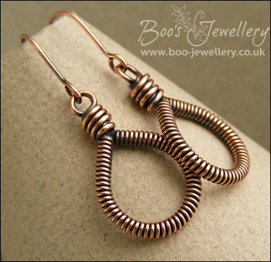 Coiled antiqued copper teardrop loop earrings