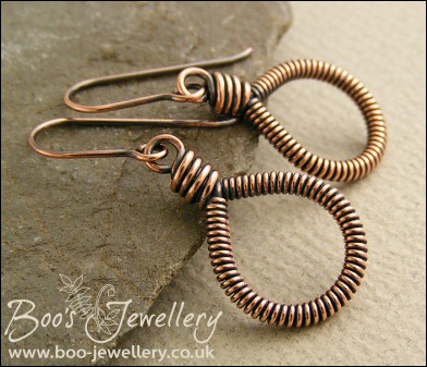 Coiled antiqued copper teardrop loop earrings