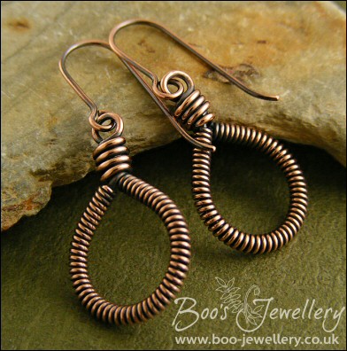 Coiled antiqued copper teardrop loop earrings