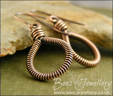 Coiled antiqued copper teardrop loop earrings