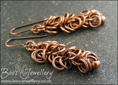 Antiqued copper double shaggy loops earrings