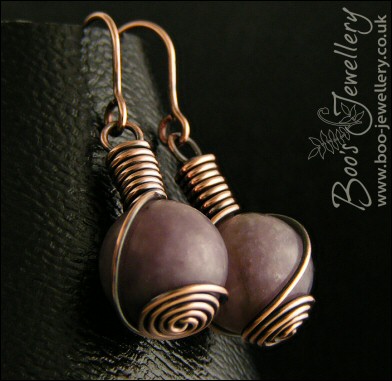Plum jade antiqued copper rosebud knot earrings