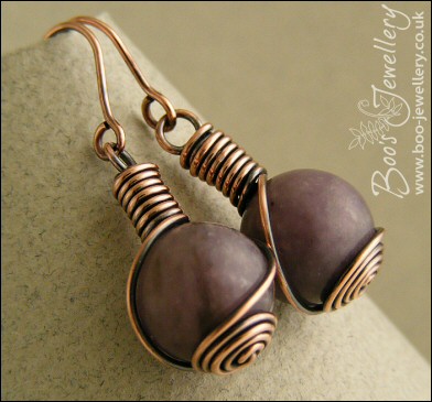Plum jade antiqued copper rosebud knot earrings
