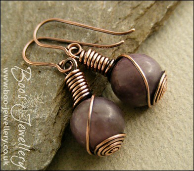 Plum jade antiqued copper rosebud knot earrings