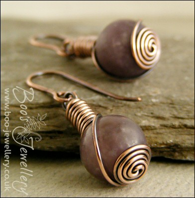 Plum jade antiqued copper rosebud knot earrings