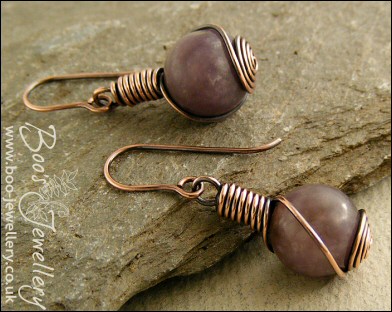 Plum jade antiqued copper rosebud knot earrings
