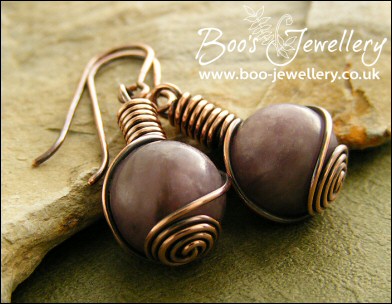 Plum jade antiqued copper rosebud knot earrings