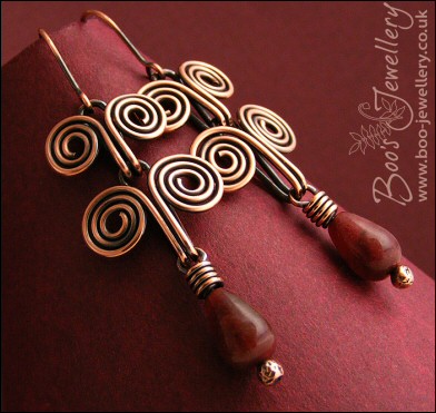 Egyptian coil antiqued copper and Tourmaline earrings - made to order