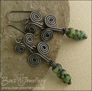 Darkly oxed Egyptian scroll and African turquoise earrings
