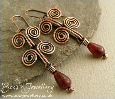Egyptian coil antiqued copper and Tourmaline earrings - made to order