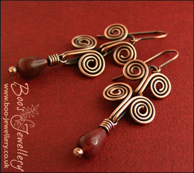 Egyptian coil antiqued copper and Tourmaline earrings - made to order