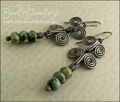 Darkly oxed Egyptian scroll and African turquoise earrings