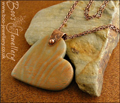 Polymer clay heart pendant with copper crackle and copper bail
