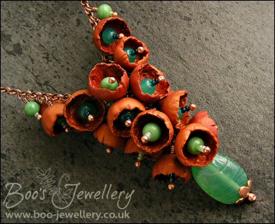 Copper and turquoise glass flower cluster necklace and earring set