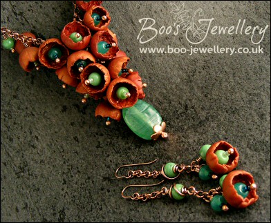 Copper and turquoise glass flower cluster necklace and earring set