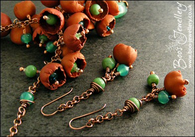 Copper and turquoise glass flower cluster necklace and earring set