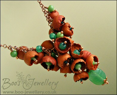 Copper and turquoise glass flower cluster necklace and earring set