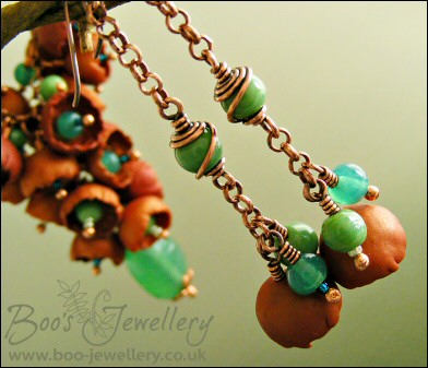 Copper and turquoise glass flower cluster necklace and earring set