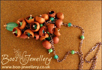 Copper and turquoise glass flower cluster necklace and earring set