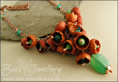 Copper and turquoise glass flower cluster necklace and earring set