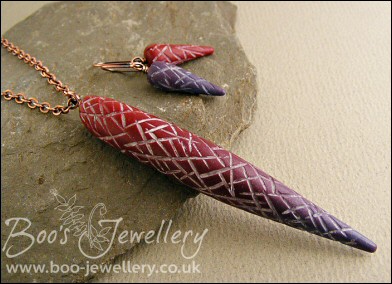 Carved polymer clay torpedo pendant and earring set
