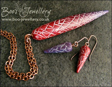 Carved polymer clay torpedo pendant and earring set