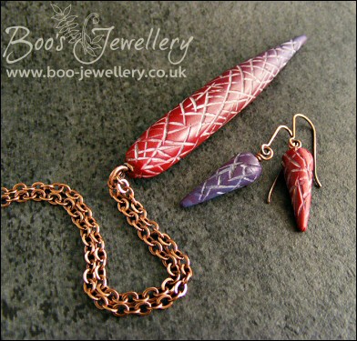 Carved polymer clay torpedo pendant and earring set