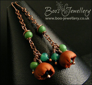 Copper and turquoise glass flower cluster necklace and earring set