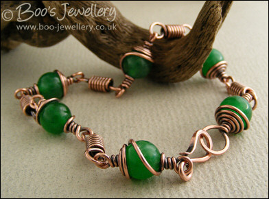 Antiqued copper and dark green jade coiled link bracelet - made to order