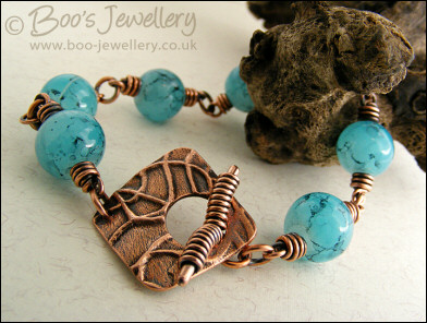 Turquoise glass marble and antiqued copper toggle bracelet