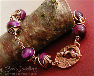 Purple tiger eye and antiqued copper toggle bracelet