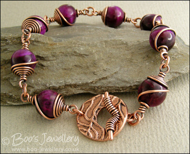 Purple tiger eye and antiqued copper toggle bracelet