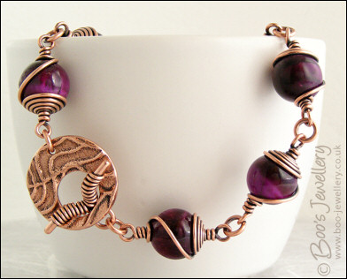 Purple tiger eye and antiqued copper toggle bracelet